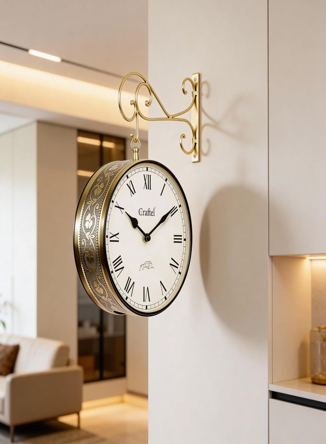 CRAFTEL Metal Roman Dial Double Sided Railway Station Analog Wall Clock Vintage Hanging Clock for Living Room Home and Office (Golden_10 Inches) - Image 2